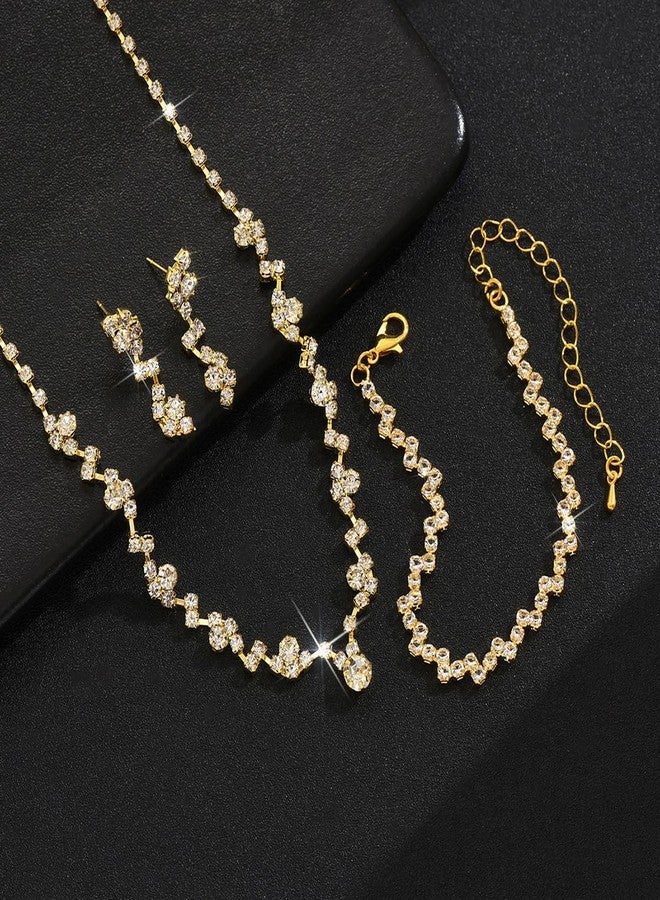 Cicod Prom Earrings Necklace Bracelet Set Elegant Crystal Rhinestone Necklace Earrings Bracelet Bridal Wedding Prom Dresses Costume Outfit Gold Jewelry Sets for Women (Gold) - Image 4